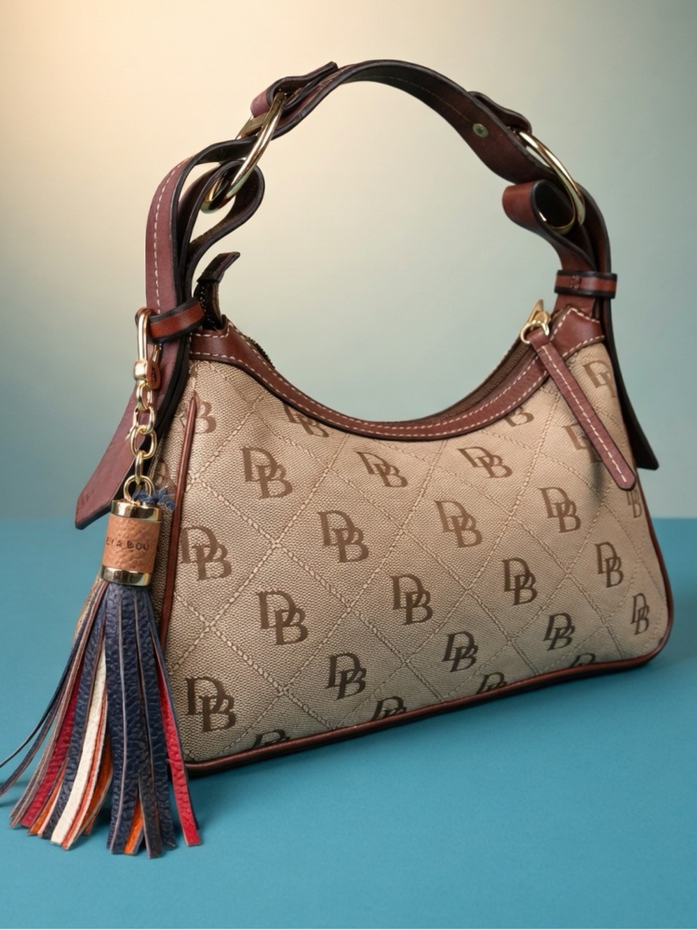 Dooney & Bourke Signature DB Small Shoulder Bag w/ Leather Trim + Added Tassel